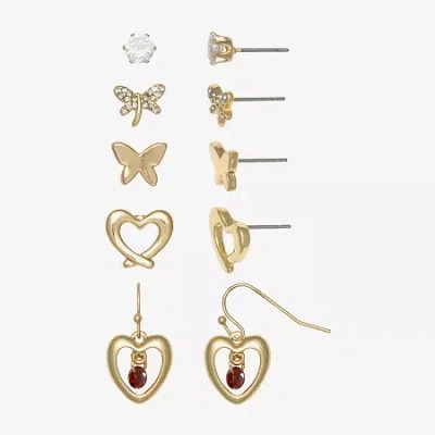 Mixit Womens Cubic Zirconia Stainless Steel Butterfly Heart Hypoallergenic 5 Pair Earring Set In Gold