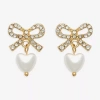 Mixit Womens Glass Simulated Pearl Bow Heart Drop Earrings In Gold