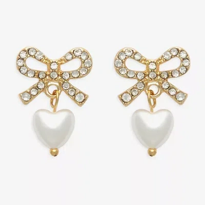 Mixit Womens Glass Simulated Pearl Bow Heart Drop Earrings In Gold