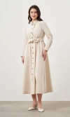 Mizalle Button Up Belted Dress In Beige