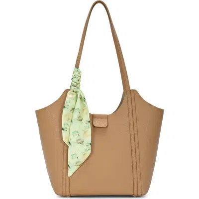 Miztique Faux Leather Tote With Scarf In Camel