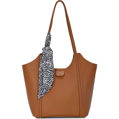 Miztique Faux Leather Tote With Scarf In Tan
