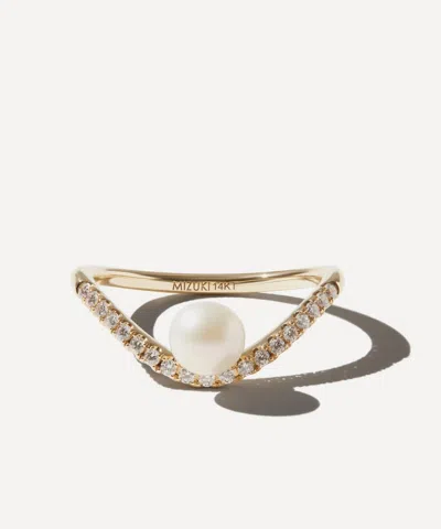 Mizuki 14ct Gold Diamond And Pearl Curve Ring