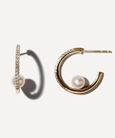 Mizuki 14ct Gold Floating Pearl Diamond Hoop Earrings