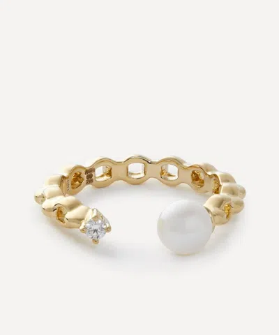 Mizuki 14ct Gold Link Pearl And Diamond Open Ring