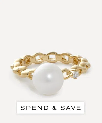 Mizuki 14ct Gold Link Pearl And Diamond Solitaire Ring