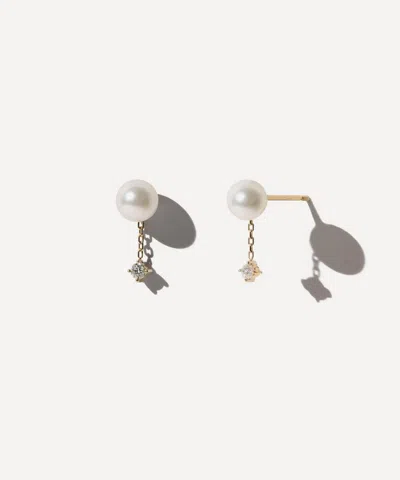 Mizuki 14ct Gold Pearl And Diamond Chain Drop Stud Earrings