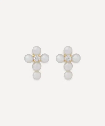 Mizuki 14ct Gold Sea Of Beauty Cross Pearl Diamond Stud Earrings In Silver