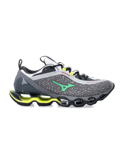 Mizuno Wave Print Performance Sneakers 13.2 With Neon Accents In Gray