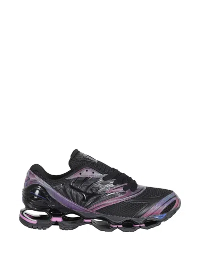 Mizuno Wave Prophecy Panelled Sneakers- Black- Purple- Mesh Panels- Panelled Design- Front Lace-up Fastenin