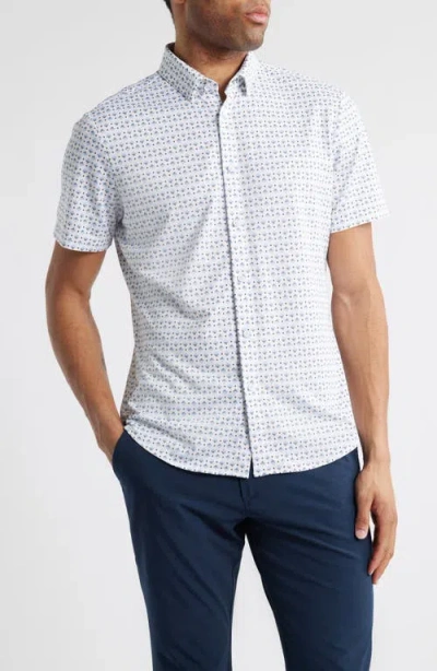 Mizzen + Main Mizzen+main Halyard Trim Fit Geo Print Short Sleeve Performance Button-up Shirt In Navy Layered Diamond