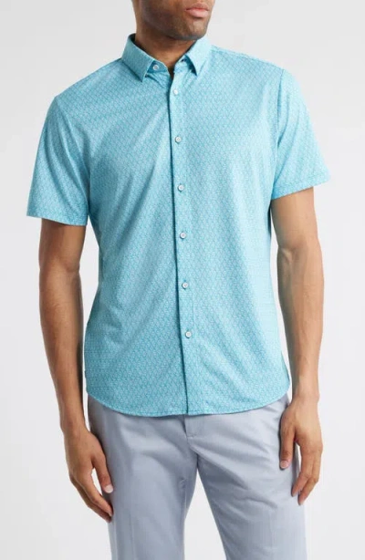 Mizzen + Main Mizzen+main Halyard Trim Fit Geo Print Short Sleeve Performance Button-up Shirt In Teal Diamond Mirage