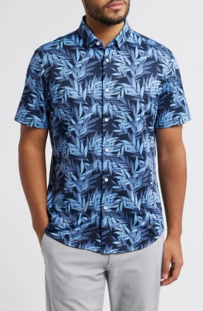 Mizzen + Main Mizzen+main Halyard Trim Fit Tropical Print Short Sleeve Performance Button-up Shirt In Navy Tropical