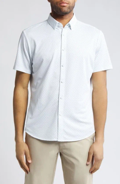 Mizzen + Main Haylard Dot Print Short Sleeve Performance Knit Button-up Shirt In White/ Blue