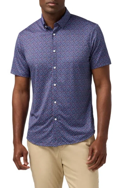 Mizzen + Main Mizzen+main Haylard Trim Fit Navy Variegated Leaf Short Sleeve Button-up Shirt In Blue