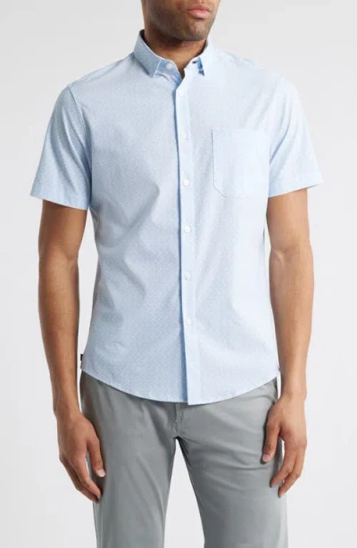 Mizzen + Main Mizzen+main Leeward Trim Fit Micropattern Short Sleeve Stretch Button-up Shirt In Blue