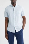 Mizzen + Main Mizzen+main Leeward Trim Fit Microprint Short Sleeve Performance Button-up Shirt In Blue
