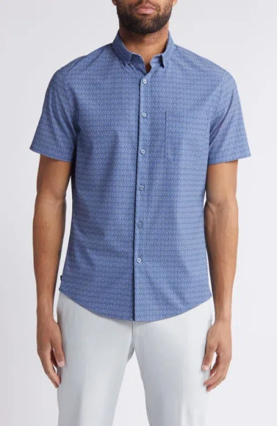 Mizzen + Main Mizzen+main Leeward Trim Fit Print Short Sleeve Performance Button-up Shirt In Coastal Fjord Fern Geo