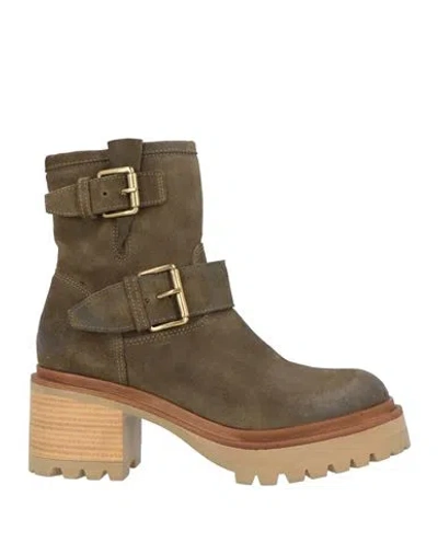 Mjus Woman Ankle Boots Khaki Size 8 Leather In Sand