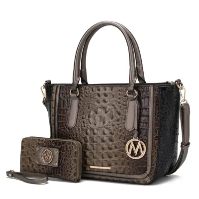 Mkf Collection By Mia K Bonnie Faux Crocodile-embossed Vegan Leather Women's Satchel With Wallet Bag - 2 Pieces In Grey