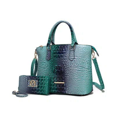 Mkf Collection By Mia K Frankie Gradient Rainbow Faux Crocodile-embossed Vegan Leather Women's Satchel Bag With Matching Wal In Blue