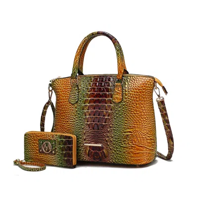 Mkf Collection By Mia K Frankie Gradient Rainbow Faux Crocodile-embossed Vegan Leather Women's Satchel Bag With Matching Wal In Multi