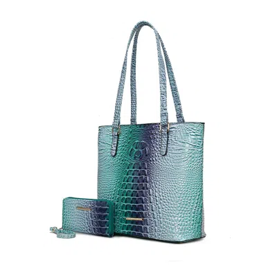 Mkf Collection By Mia K Piper Gradient Rainbow Faux Crocodile-embossed Vegan Leather Women's Tote Bag With Matching Wallet B In Blue