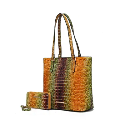 Mkf Collection By Mia K Piper Gradient Rainbow Faux Crocodile-embossed Vegan Leather Women's Tote Bag With Matching Wallet B In Brown