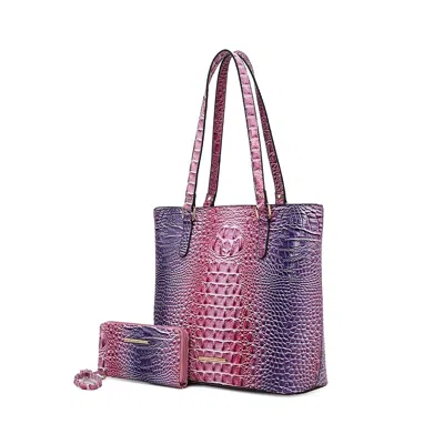 Mkf Collection By Mia K Piper Gradient Rainbow Faux Crocodile-embossed Vegan Leather Women's Tote Bag With Matching Wallet B In Purple