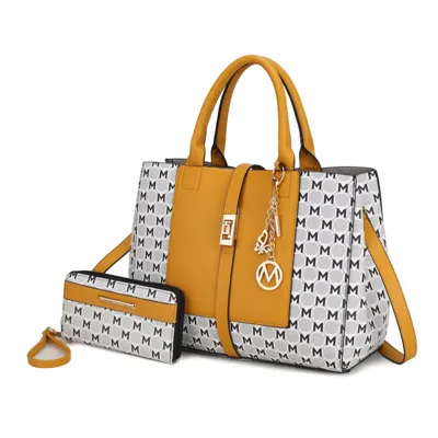 Mkf Collection By Mia K Yuliana Circular M Emblem Print Satchel Handbag For Women's With Wallet In Yellow