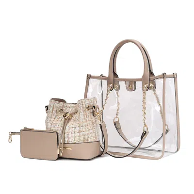 Mkf Diva Pvc Tote Bag With Tweed Bucket Bag And Small Pouch Purse By Mia K In Beige