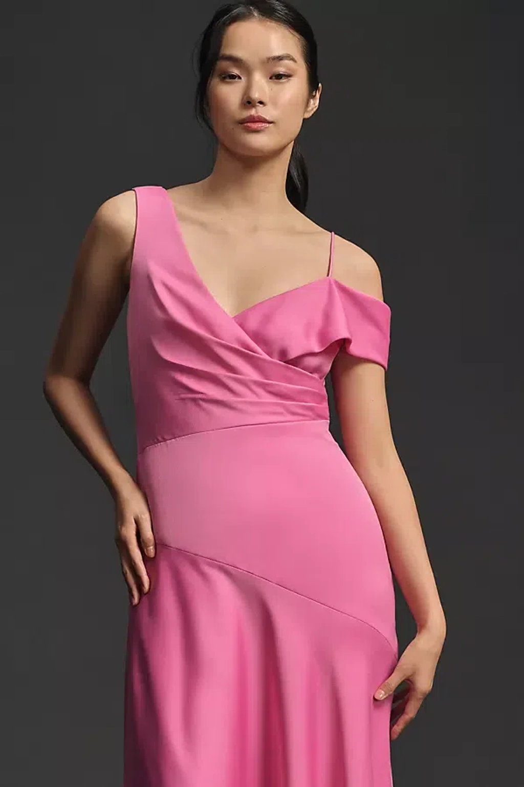 satin asymmetric midi dress Women's DOORBUSTER Metallic Moment Asymmetric Satin Midi Dress in Taupe main image 0
