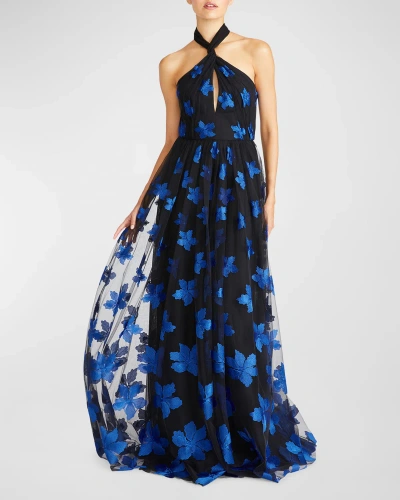 ml Monique Lhuillier Claudette Floral Applique Tulle Halter Gown In Black/rich Blue