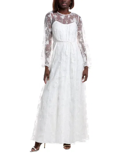 ml Monique Lhuillier Embroidered Tulle Lace Maxi Dress In White
