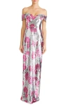 ml Monique Lhuillier Estelle Sequin Off The Shoulder Gown In Silver Dancing Poppies
