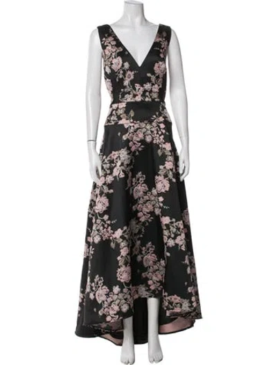 Pre-owned ml Monique Lhuillier Floral Print Long Dress In Black/pink