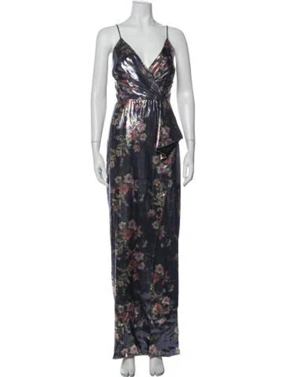 Pre-owned ml Monique Lhuillier Floral Print Long Dress In Blue