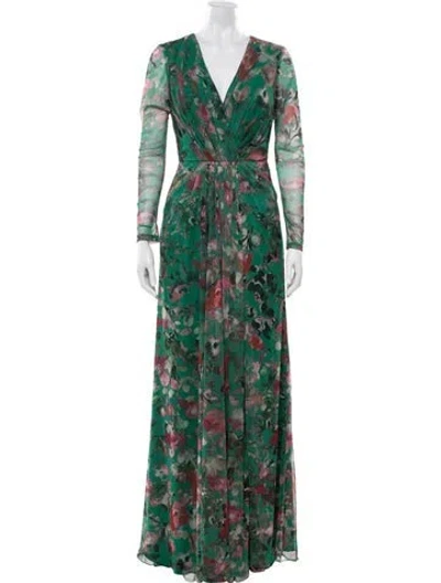 Pre-owned ml Monique Lhuillier Floral Print Long Dress In Green