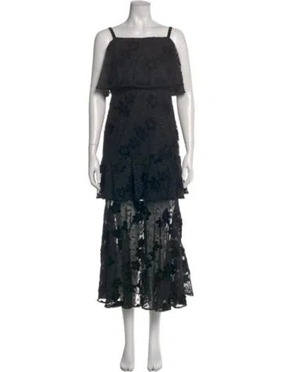 Pre-owned ml Monique Lhuillier Floral Print Midi Length Dress In Black