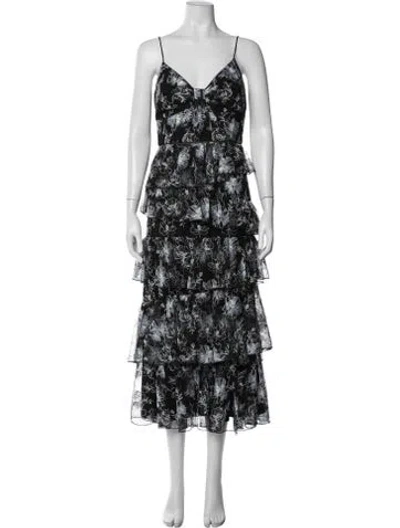 Pre-owned ml Monique Lhuillier Floral Print Midi Length Dress In Black