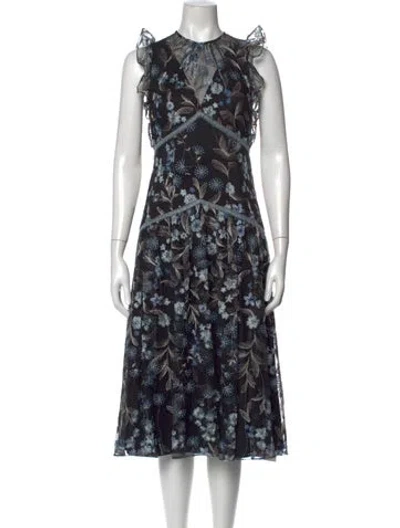 Pre-owned ml Monique Lhuillier Floral Print Midi Length Dress In Black