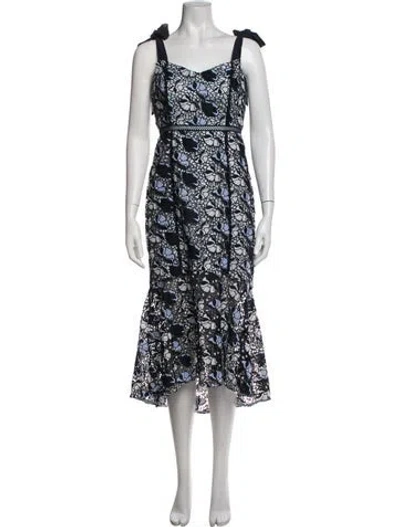 Pre-owned ml Monique Lhuillier Floral Print Midi Length Dress In Blue