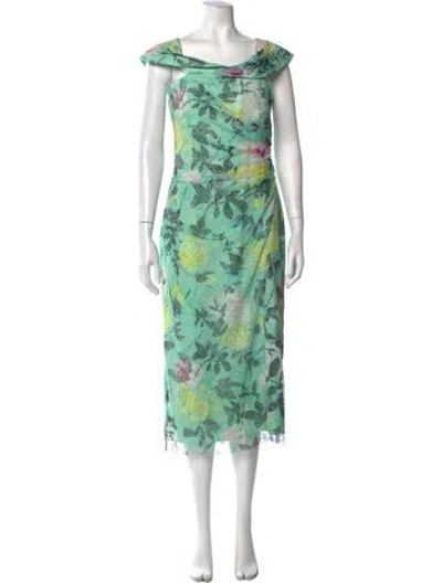 Pre-owned ml Monique Lhuillier Floral Print Midi Length Dress In Green