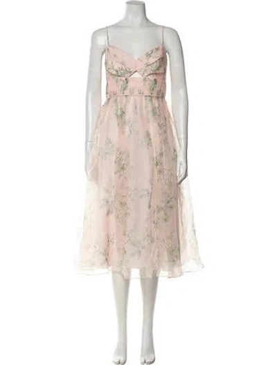 Pre-owned ml Monique Lhuillier Floral Print Midi Length Dress W/ Tags In Pink