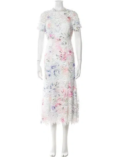 Pre-owned ml Monique Lhuillier Floral Print Midi Length Dress W/ Tags In Pink