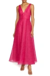 ml Monique Lhuillier Giselle Textured V Neck Midi Dress In Cerise Pink In Brown