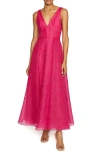 ml Monique Lhuillier Giselle Textured V Neck Midi Dress In Cerise Pink In Brown