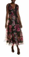 ml Monique Lhuillier Giselle Textured Floral Midi Dress In Black Starry Rose