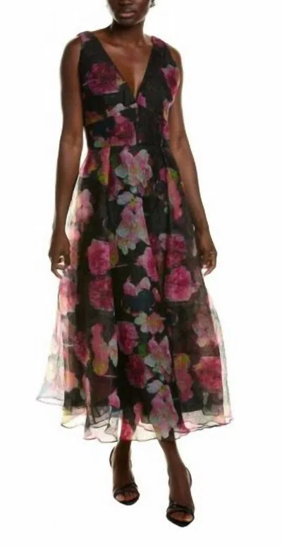 ml Monique Lhuillier Giselle Textured Floral Midi Dress In Black Starry Rose