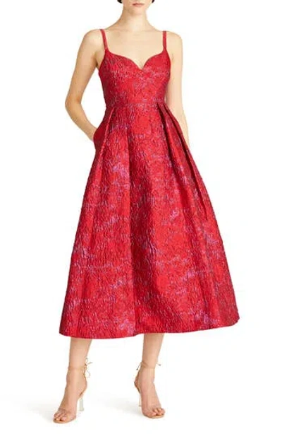 ml Monique Lhuillier Isabela Metallic Floral Jacquard Midi Cocktail Dress In Red